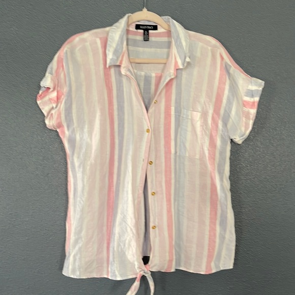 NWOT Ellen Tracy Striped Linen Tee with Gold Buttons size large - Picture 1 of 6
